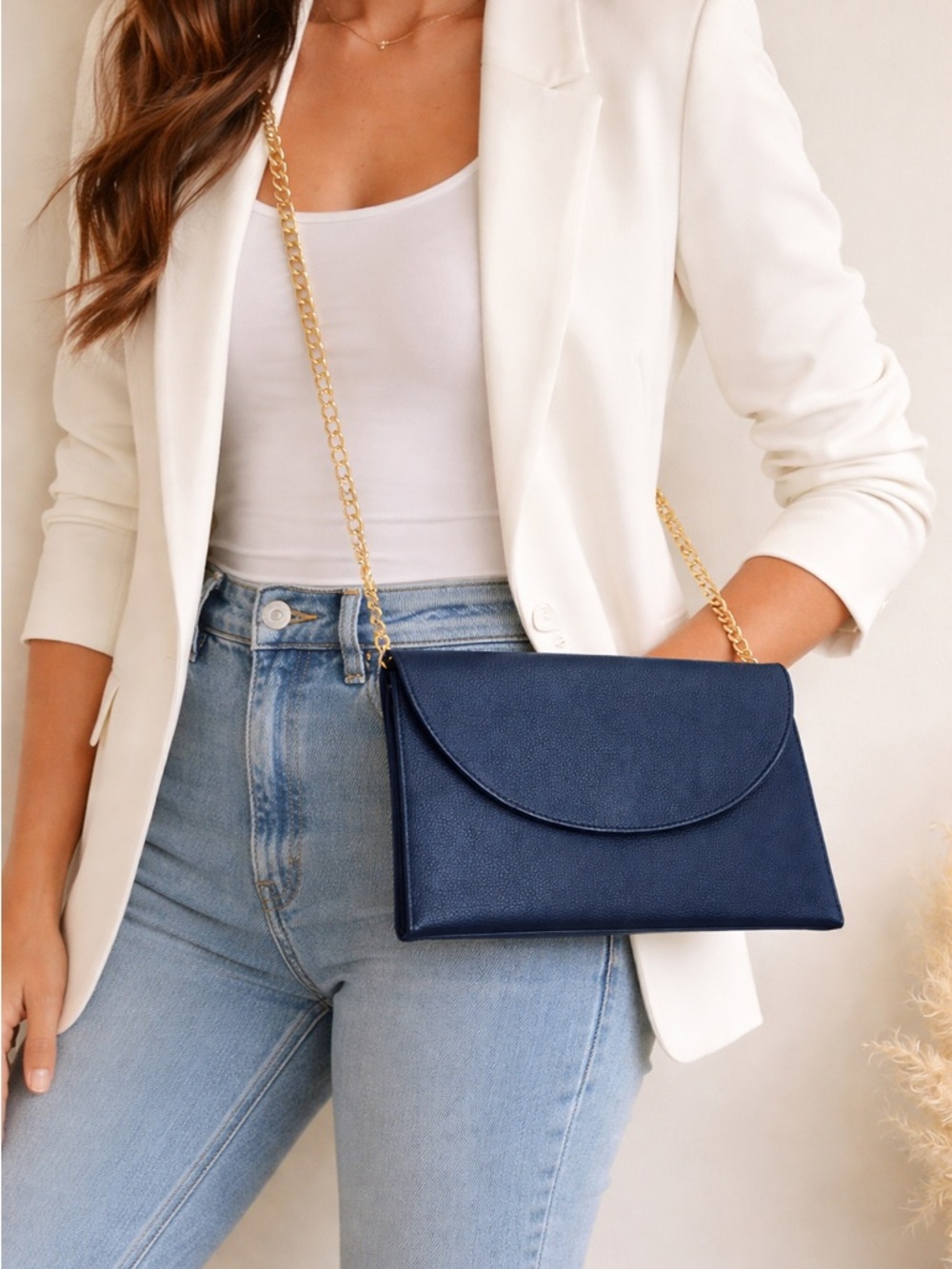NWT Mud Pie Navy Envelope Crossbody Clutch  Gold Chain & Tasse